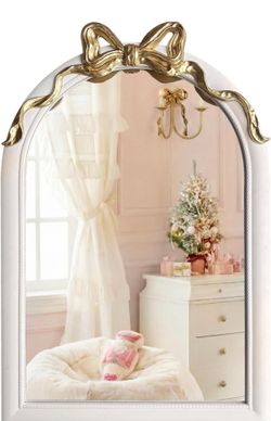 36x24 Arched White Bow Wall Mirror with Gold Ribbon, Vintage Vanity Mirror for Bedroom & Nursery Decor, Cute Coquette Aesthetic Engineered Wood Frame,