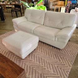 Natuzzi Biagio White Leather Sofa and Ottoman Set, Italian Modern