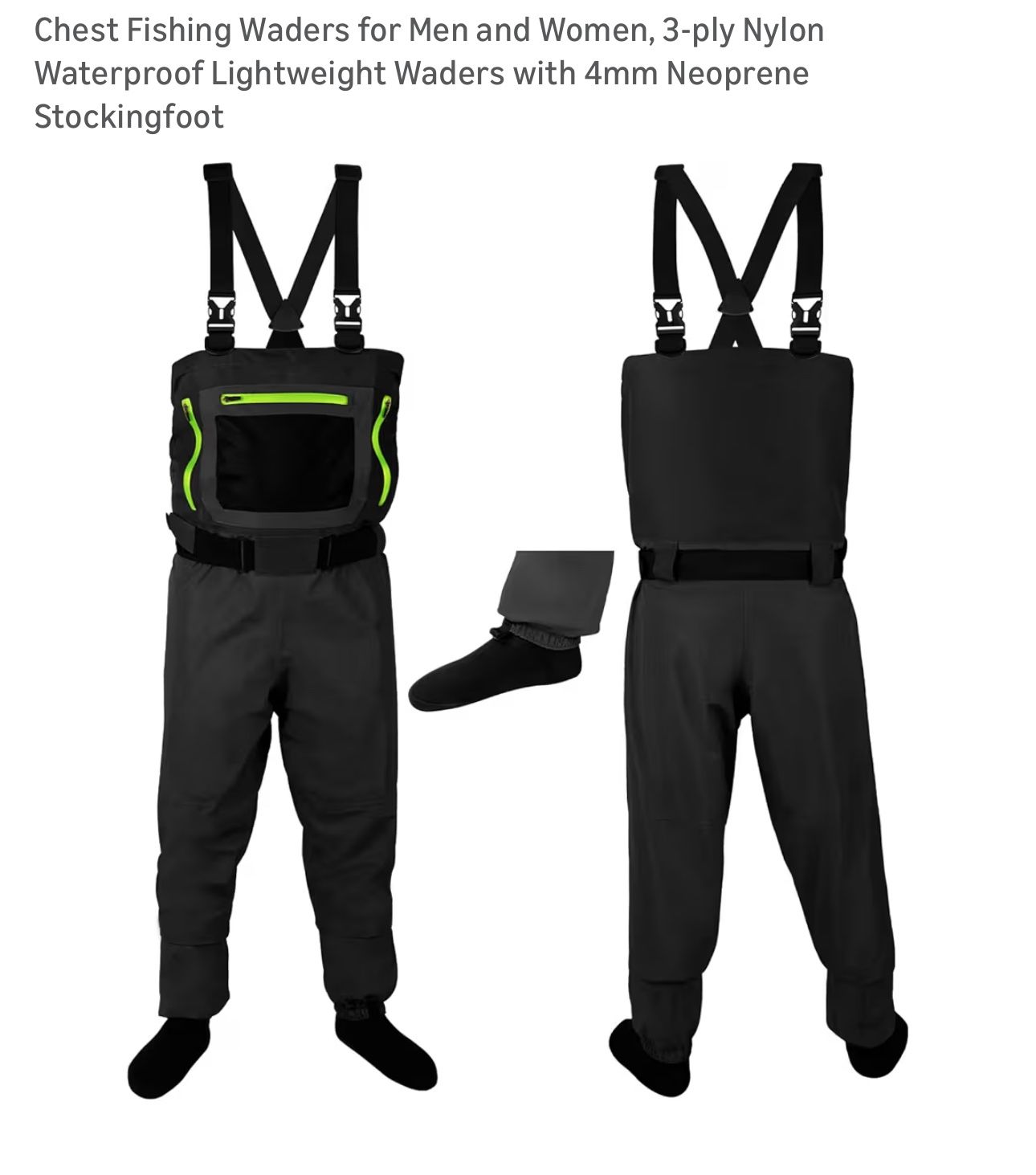 Chest Fishing Waders for Men and Women, 3-ply Nylon Waterproof Lightweight Waders with 4mm Neoprene Stockingfoot Size XXL