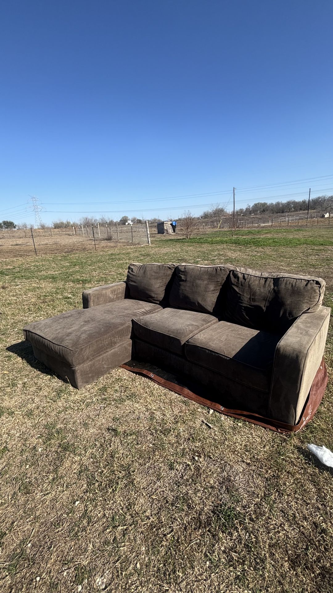 Sofa: L shaped brown/light grey sofa