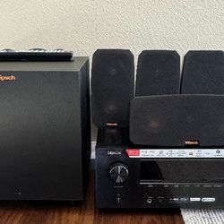 Dennon Amp With Klipch Surround Sound Speakers