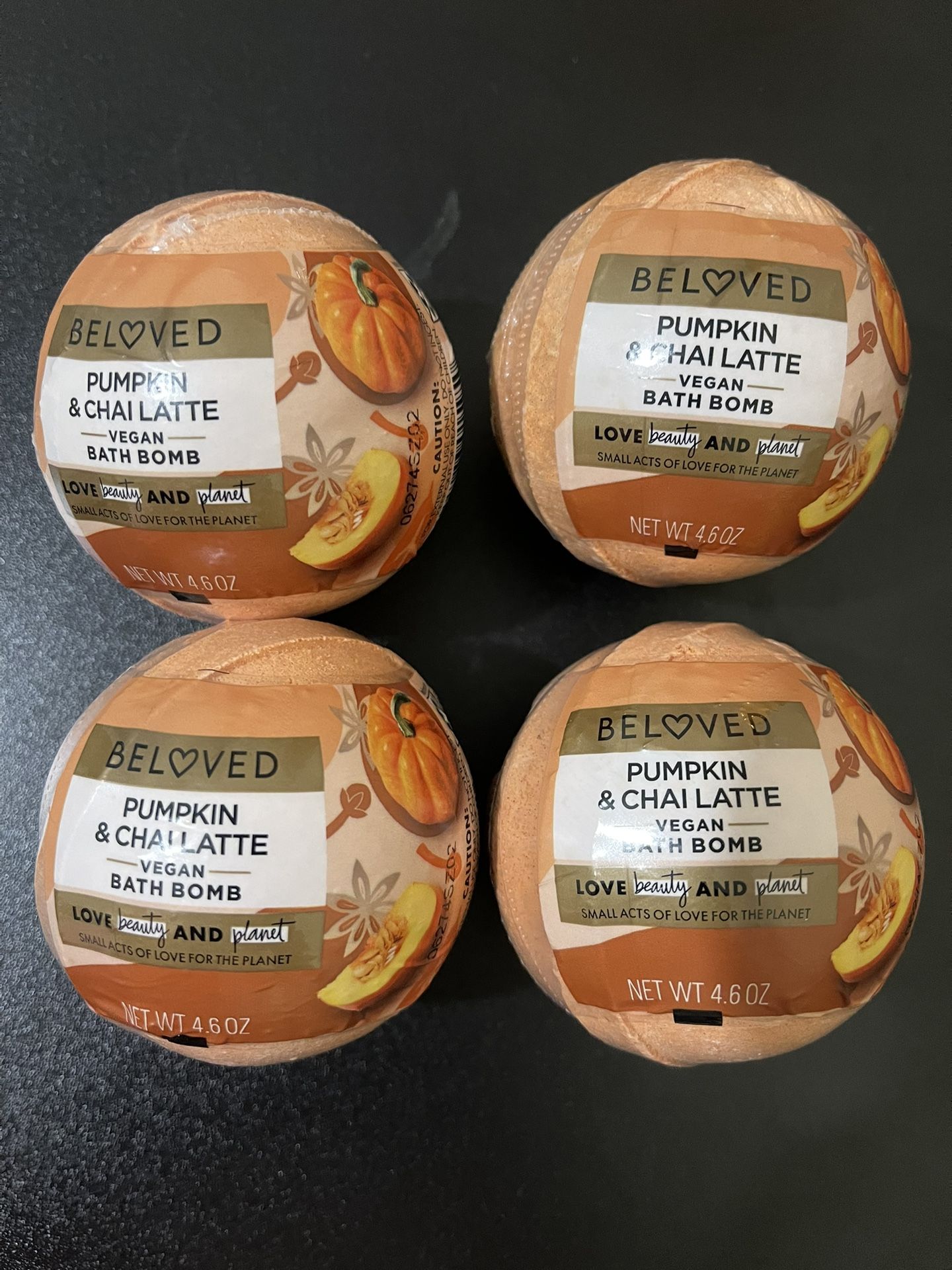 Lot Of 4 BELOVED Bath Bombs Pumpkin Chai Latte Vegan Love Beauty Planet