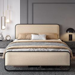 Queen Size Platform Metal Bed Frame with Curved Upholstered Headboard and Footboard, Large Under Bed Storage, No Box Spring Needed, Modern, Beige