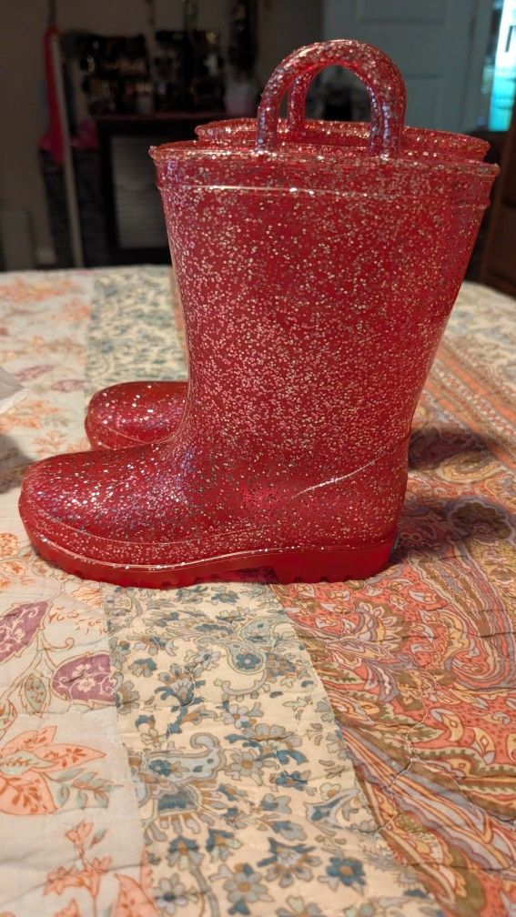 Red Glitter Kids Rain Boots Size 11