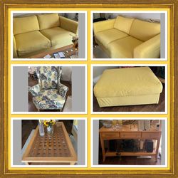 living room set/ love seat, armchair, ottoman, coffee table, console table