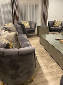 Gray Velvet Sofa and Armchair Set