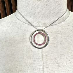 Silver Tone Pink Rhinestone Circle Pendant Necklace 