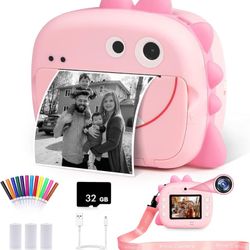 WQ Kids Camera Instant Print, 1080P Dinosaur Digital Print Camera for Kids with Dual Lens,Selfie Video Camera with Phone Connected,Instant Print Camer