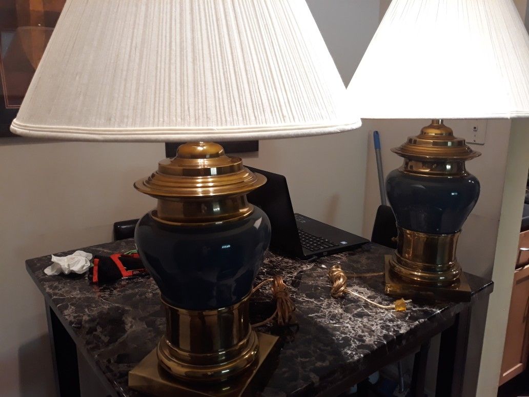 Two Teal blue brass lamps