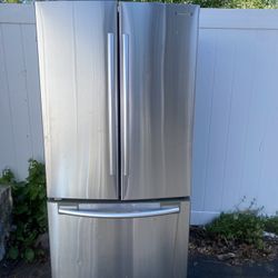 The Samsung RF18HFENBSR is a 33-inch wide, 17.5 cu. ft. counter-depth French Door refrigerator