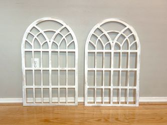 Pair of Distressed White Arched Window Frame Wall Decor