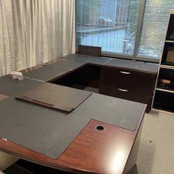 Cherrywood L-Shaped Desk With Locking Pedestals And Locking Cabinet And Matching Bookcase