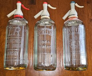 Vintage British Soda Water Siphons Set of 3 - Le Riches, Britvic & Rawlings Seltzer Bottles