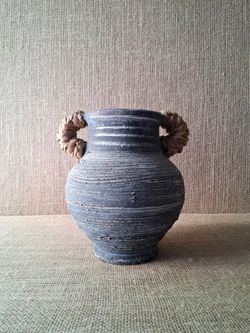 Vintage Artisan Ribbed Terracotta Amphora Vase with Woven Rattan Handles, 8" MCM Terracotta Jug