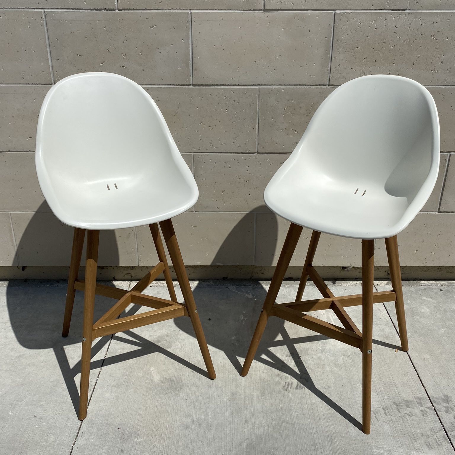 Modern Mid-Century Molded Shell Designer Bar Stools with Wooden Legs - Set of 2