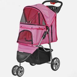 Foldable Pet Stroller for Dogs and Cats 3 Wheels Pet Stroller with Cup Holder Pink