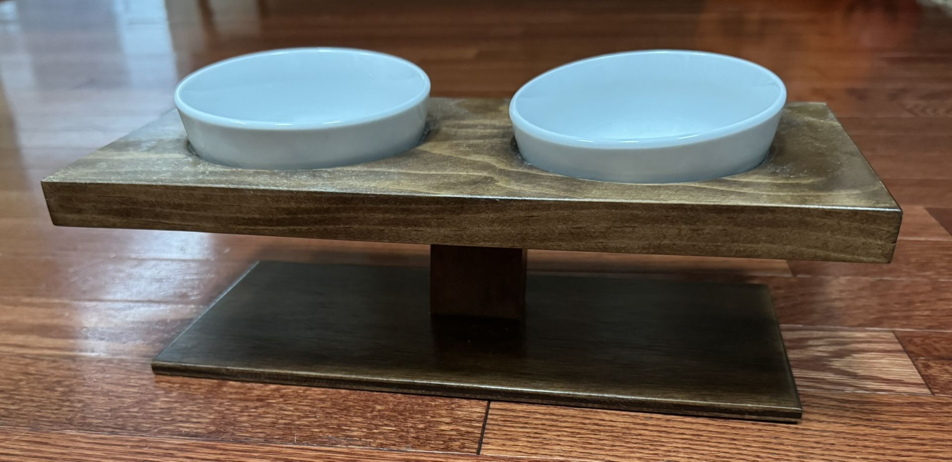 Small Raised Wood And Ceramic Cat Dog Food Dual Bowl