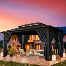 Hoteel 10'x12' Hardtop Gazebo, Outdoor Steel Double Galvanized Roof Canopy, Aluminum Frame Permanent Pavilion Metal Gazebo with Curtains and Nettings,