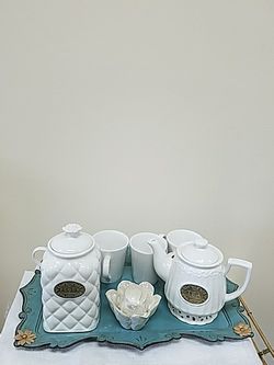 Classy creme tea set includes: tray, tea pitcher, 4 mugs,(sugar/cookie jar, 1 flower shaped candle holder- mother's day gift/ Christmas gift