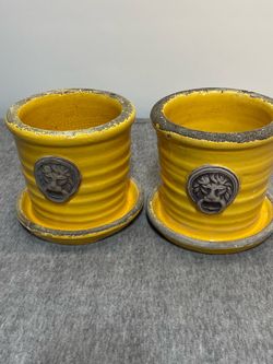 Yellow Ceramic Planters with Lion Medallion, Set of 2
