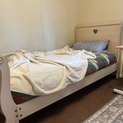 Twin Size Wooden Bedframe, Twin Size Mattress, Wooden Vanity Drawer Desk 