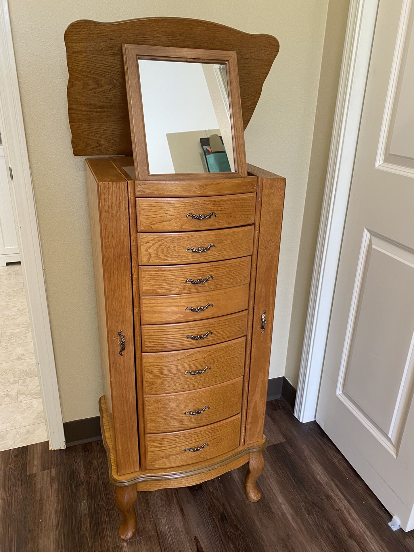 Large Solid Oak Wood Jewelry Armoire