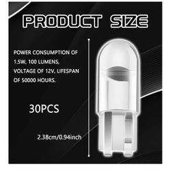 30PCS 194 Car LED Light Bulbs, Super Bright 0.36W 12V T10 6000K Interior Lights, 168 2825 W5W Wedge COB LED Bulbs, Universal for Car Dome Map Door Cou