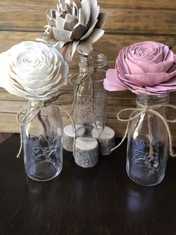(6in) Glass Milk Bottles with Decorative Wooden Flowers