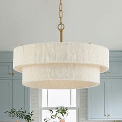 2-Tier Linen Drum Chandelier with Gold Hardware