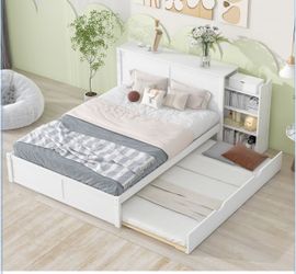 NEW Trundle White Queen Size Storage Platform Bed with Pull Out Shelves and Twin XL Size