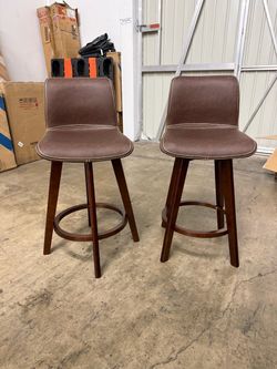 Brown Faux Leather Bar Stools w/ Wooden Legs – Set of 2 (HN)