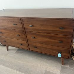 New Mid Century Dresser With Curved Corners.  Pine Wood / Walnut Finish.  180 Lbs.  Free Delivery!
