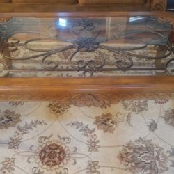 Antique wooden and iron coffee table with beautiful glass inlay