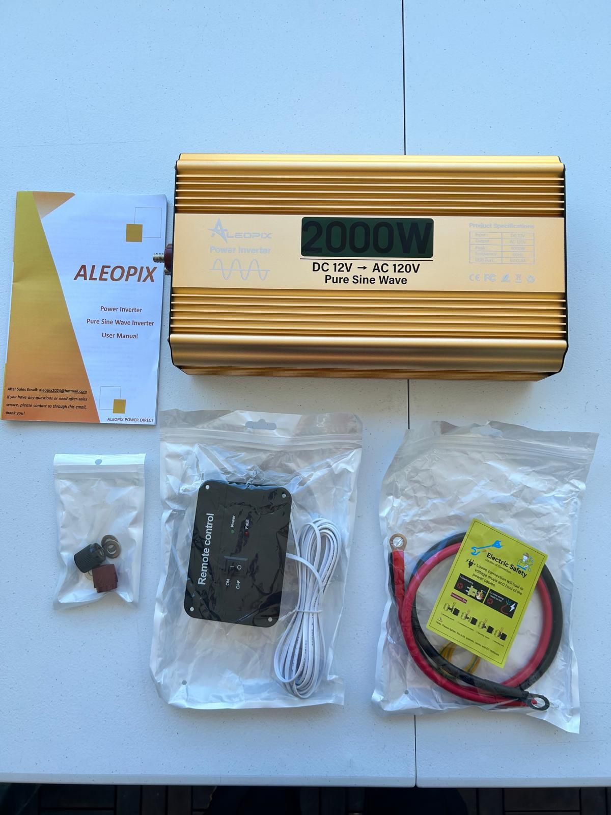 Pure Sine Wave Inverter, 2000 Watt Inverter, DC 12V to 110V/120V AC Inverter, 4000W Peak with Remote Control, 2 AC Outlets, 3.4A USB Port LED Display,