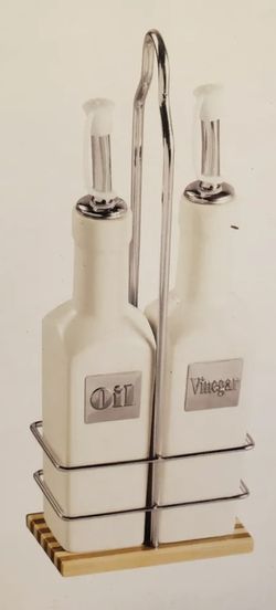 Porcelain Oil and Vinegar Carafes in Bamboo Base