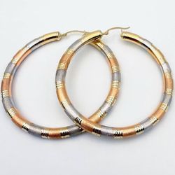 14k tri color solid gold Rounded Satin Smooth Hoop Earrings Diameter 2.6”