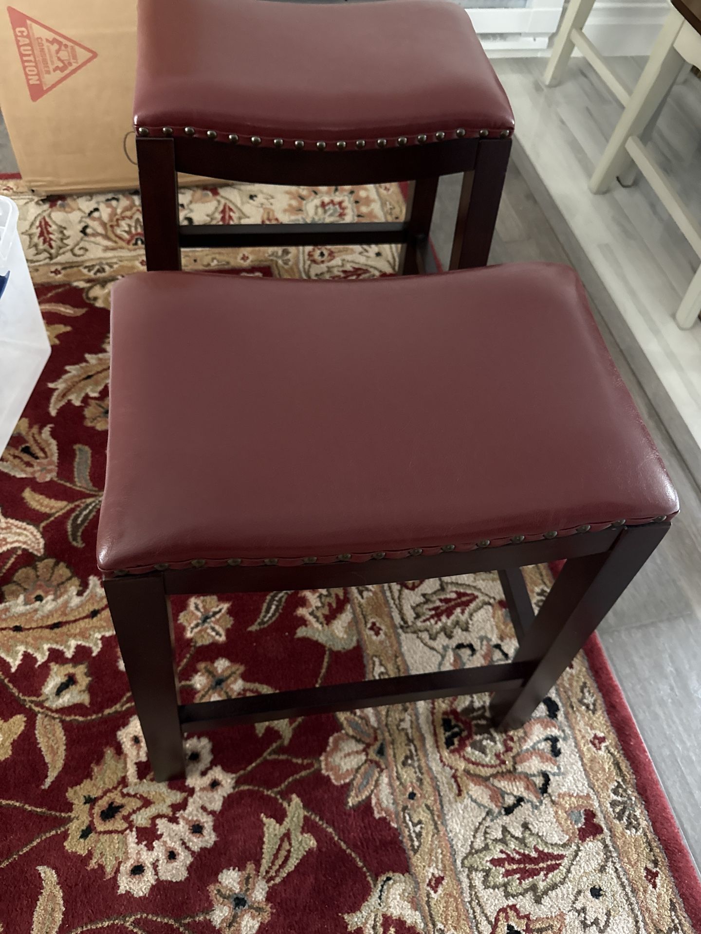 Two Leather Stools - Burgundy Seat