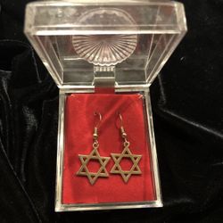 Jewish Star of David Dangle Earrings- Gold Plated in Clear Plastic Gift Box