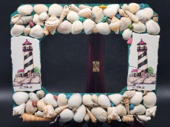 Vintage Coastal 5x7 Picture Frame – Handmade Seashell & Lighthouse Mosaic Folk Art