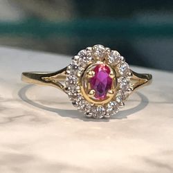 14k Yellow Gold Ruby And Cubic Zirconia Halo Ladies Ring