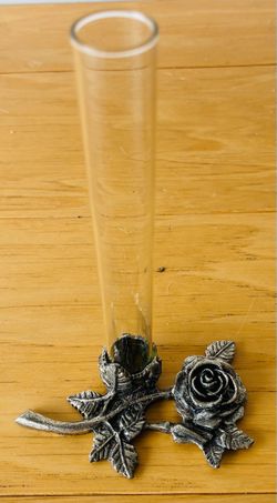 Pewter and glass single rose vase, 5” tall.