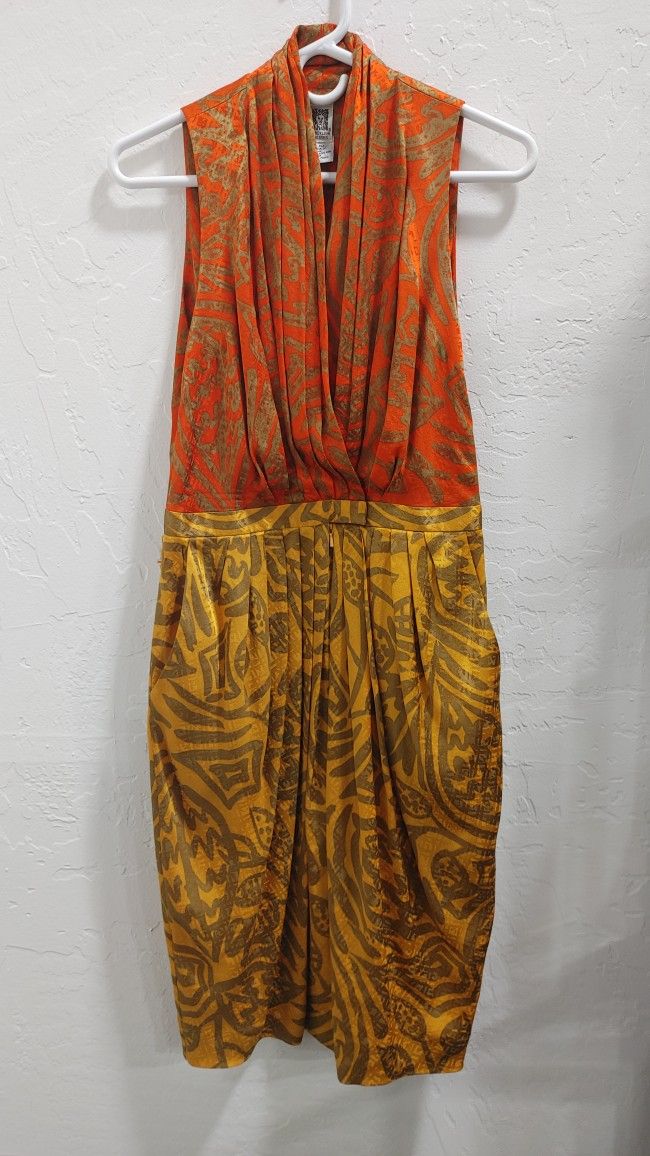 Vintage 1980's Anne Klein 100% SILK Dress Size 6 Six Gathered Accents w Pockets Tribal Orange Gold 2 Way Patterned Fabric Made In Hong Kong Stunning!!
