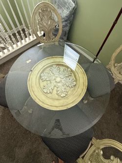 Elegant Round Glass Dining Set – 4 Upholstered Chairs & Carved Pedestal Base