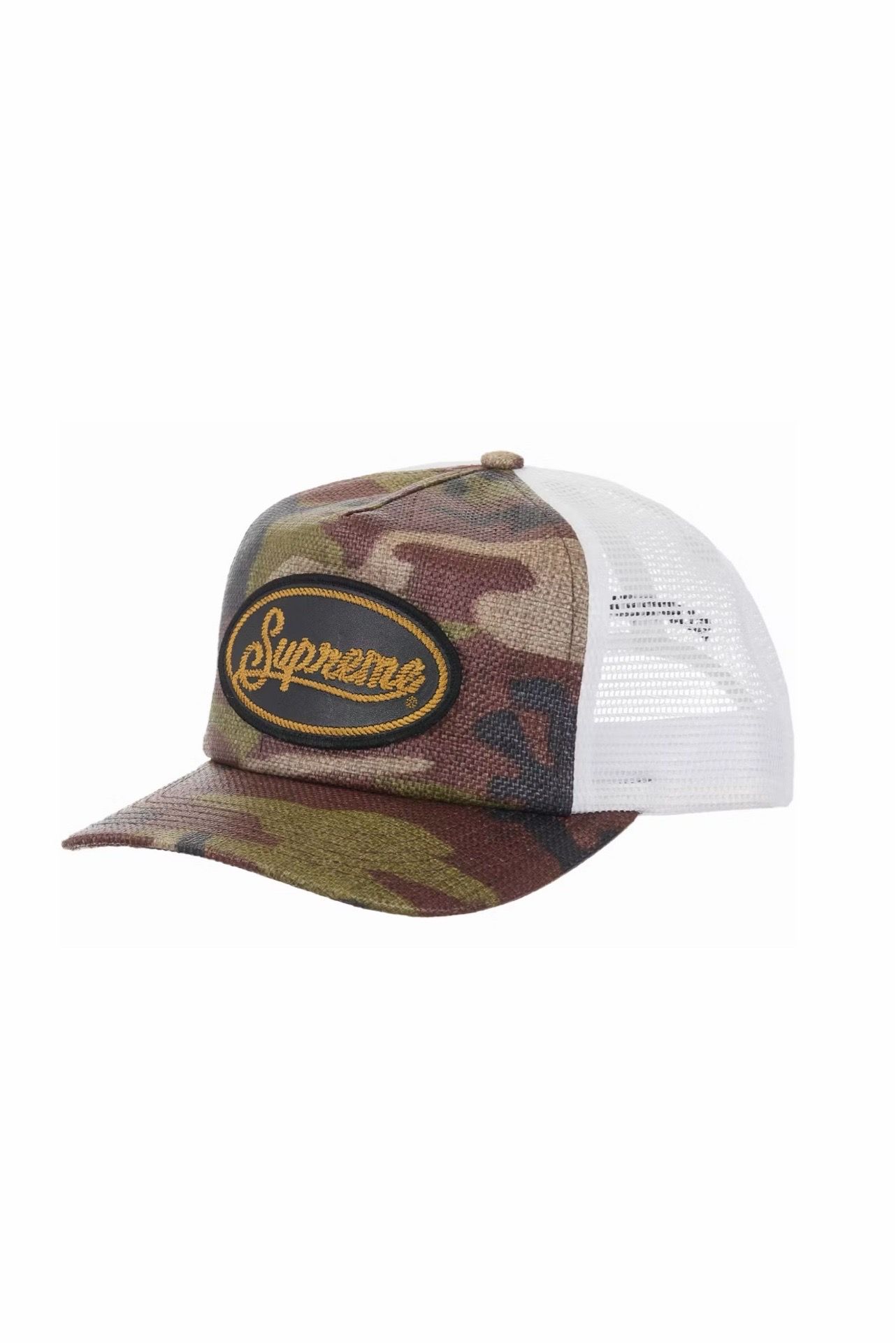Supreme Raffia Mesh back 5 panel hat woodland camo