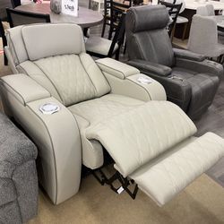 Gray Leather Power Recliner w/Ambient Blue LED Lighting