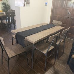 Rustic Wood & Black Metal Dining Table Set with Bench and 4 Chairs