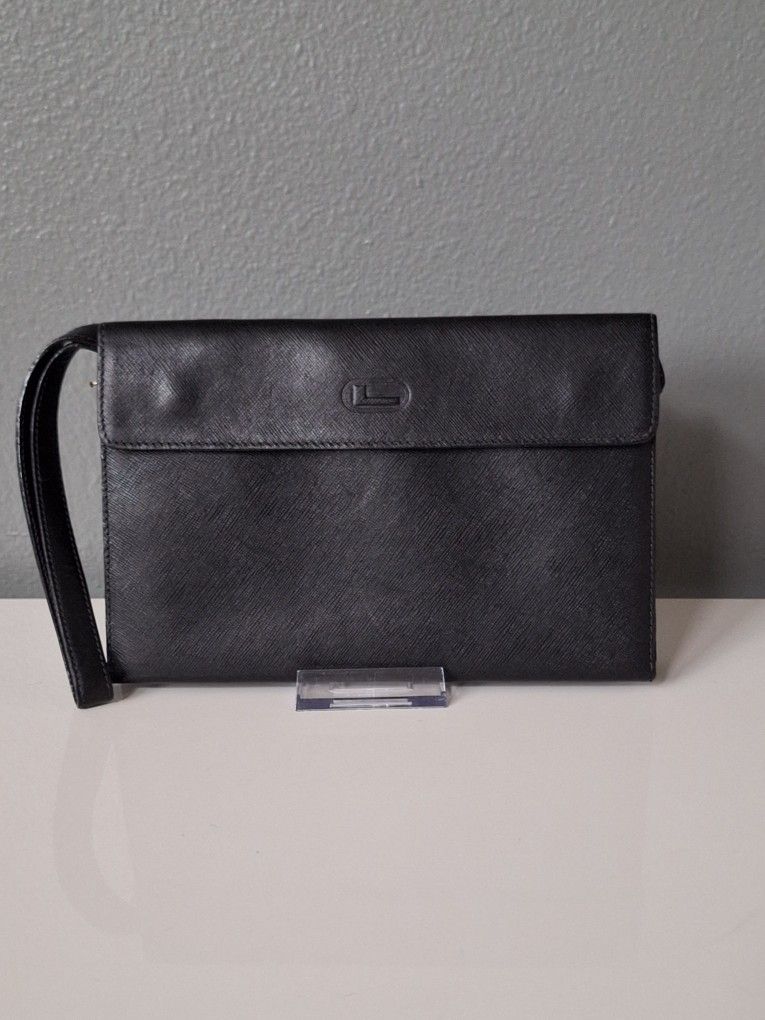 Vintage Black Lancel Paris Saffiano Leather Wristlet Portfolio Clutch