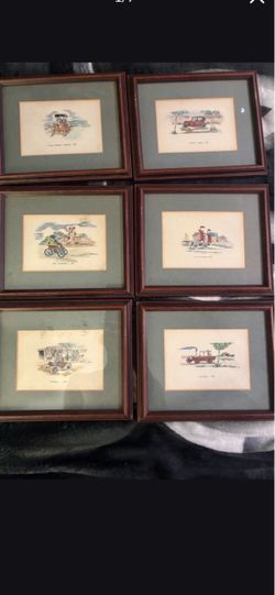 6 professionally framed paintings of old time cars