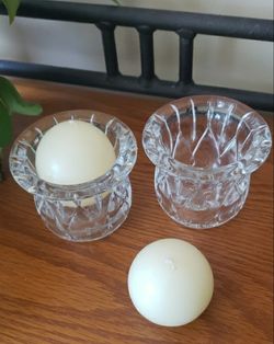 VTG- (2) Clear Faceted Glass Candle Holders With Ivory Ball Candles