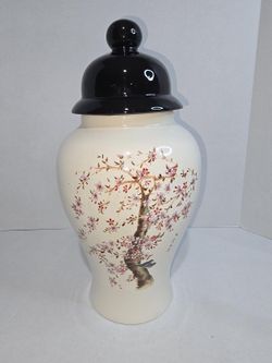 Asian Style Ginger Jar Cherry Blossom Crackle Ceramic Urn